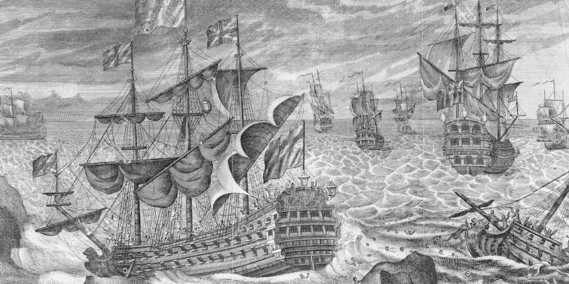 Il naufragio della Association in una rappresentazione del 1710 (Wikimedia Commons)