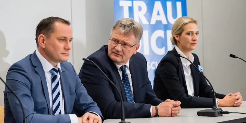 Da sinistra a destra i politici dell'AfD Tino Chrupalla, Jörg Meuthen e Alice Weidel (Jens Schlueter/Getty Images)