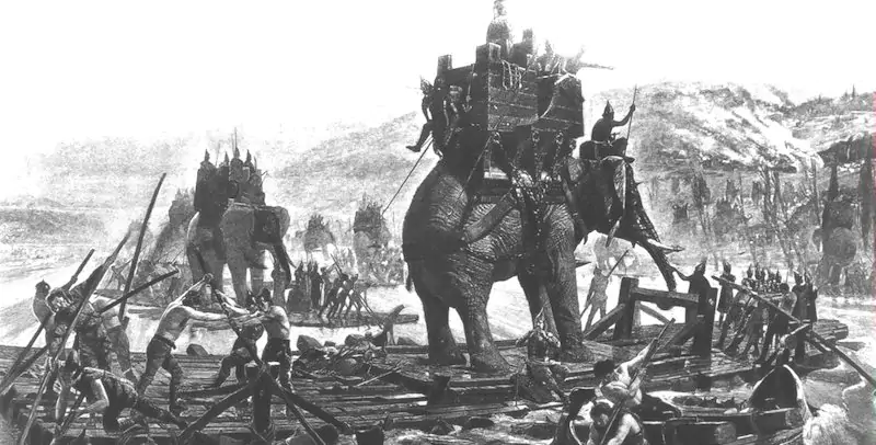 Una stampa moderna che rappresenta Annibale, su un elefante, mentre guida l'esercito cartaginese in Italia, nel corso della Seconda guerra punica (Hulton Archive/Getty Images)
