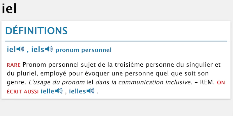 La definizione del pronome neutro "iel" sulla versione online del vocabolario francese Le Robert (Le Robert)