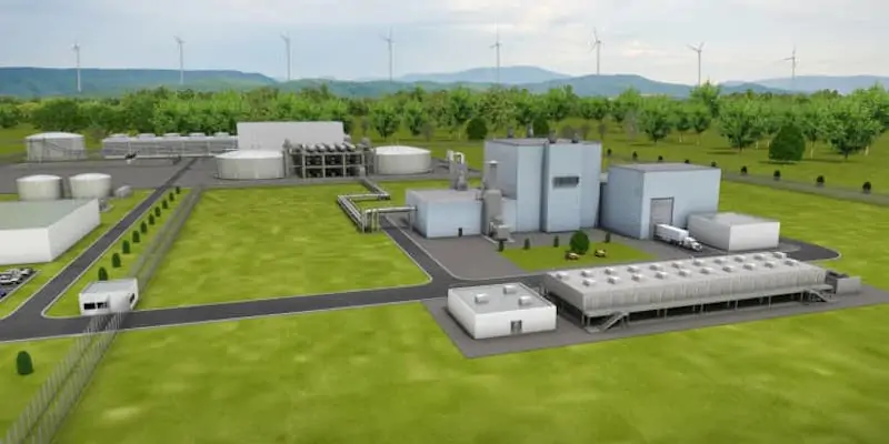 L'aspetto esteriore di una centrale nucleare che utilizza sodio liquido come refrigerante in un rendering (TerraPower)