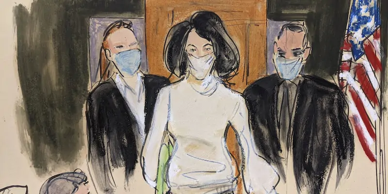 Uno sketch disegnato durante il processo a Ghislaine Maxwell a New York (AP Photo/ Elizabeth Williams)