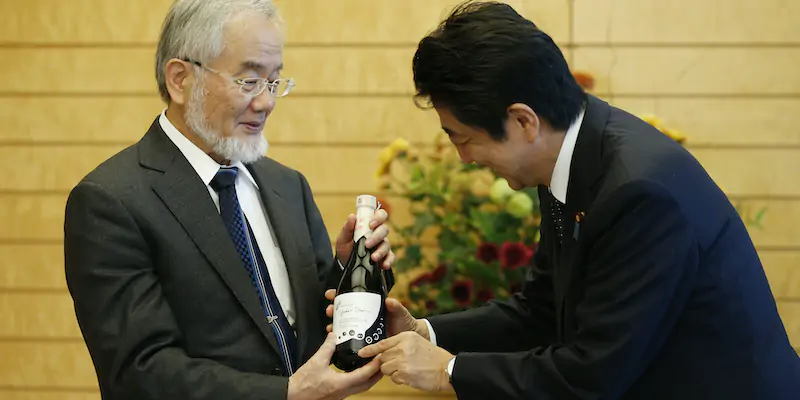 Yoshinori Ohsumi, vincitore del premio Nobel per la medicina nel 2016, offre una bottiglia di sake al primo ministro giapponese Shinzo Abe a Tokyo il 31 ottobre 2016 (REUTERS/Toru Hanai/Pool)