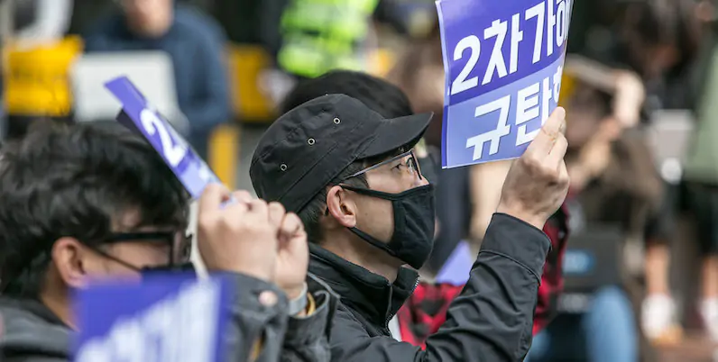 Manifestazione contro il #MeToo, Corea del Sud, 27 ottobre 2018 (Jean Chung/Getty Images)