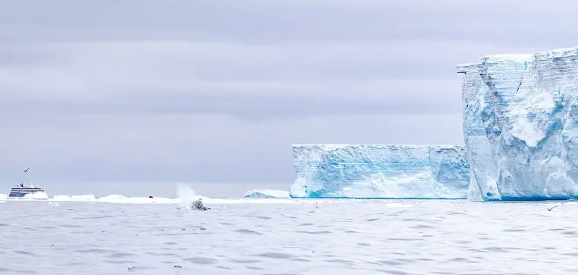 Una nave di esplorazione vicino all'iceberg A-68A nel marzo del 2020 (Henry Páll Wulff, Wikimedia Commons)