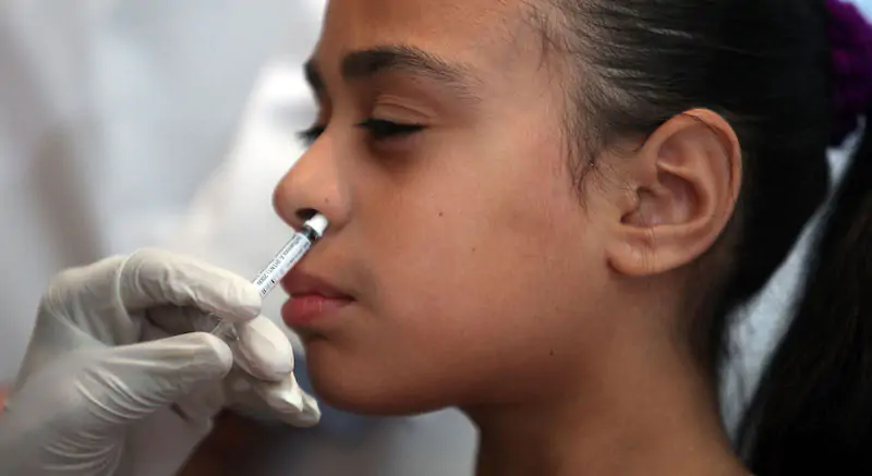 La somministrazione di un vaccino intranasale antinfluenzale (Getty Images)