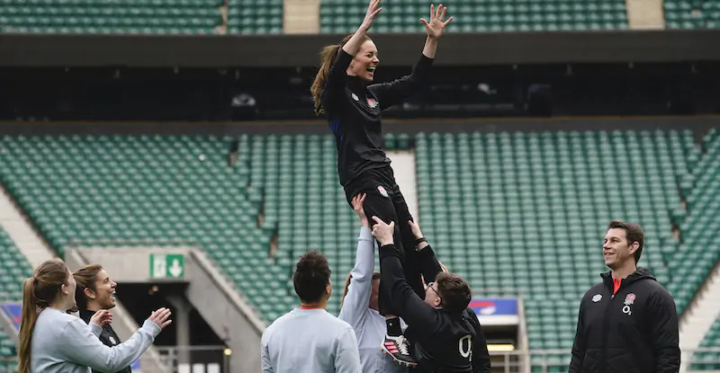 Kate Middleton (40), duchessa di Cambridge, ad un allenamento con una squadra femminile di rugby in qualità di patrona della Rugby Football Union, Londra, 2 febbraio
(AP Photo/Alberto Pezzali)