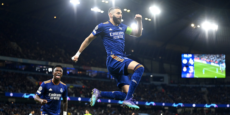 Karim Benzema dopo il secondo gol segnato al Manchester City nelle semifinali di Champions League (David Ramos/Getty Images)