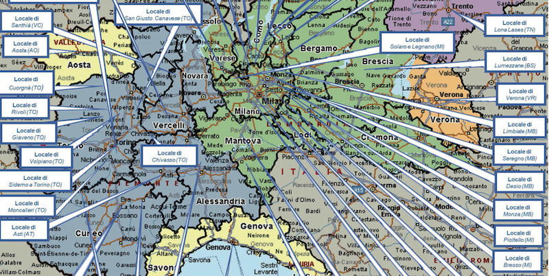 La mappatura della 'ndrangheta nel Nord realizzata dalla Dia e compresa nel suo rapporto (la provincia di Pavia è erroneamente indicata come quella di Mantova)
