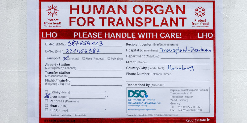Un adesivo su un box che trasporta organi da trapiantare, in Germania (Photo: Markus Scholz/dpa via ANSA)