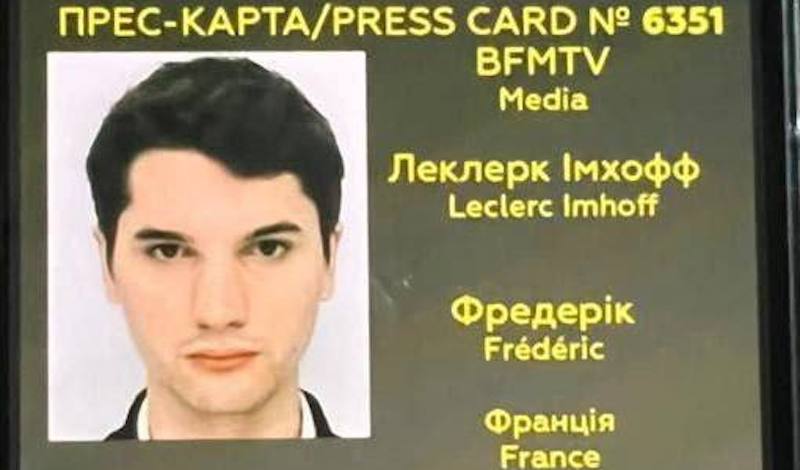 Una foto dell'accredito stampa di Frédéric Leclerc-Imhoff, diffusa dalle autorità ucraine