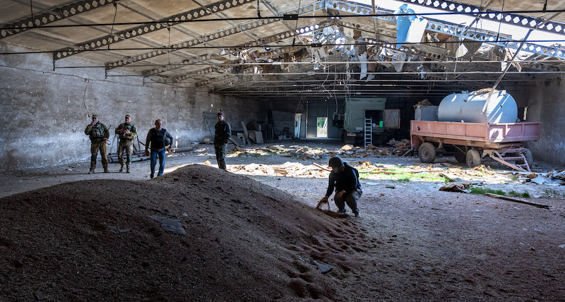 Un deposito di grano bombardato dai russi a Novovorontsovka, in Ucraina (John Moore/Getty Images)