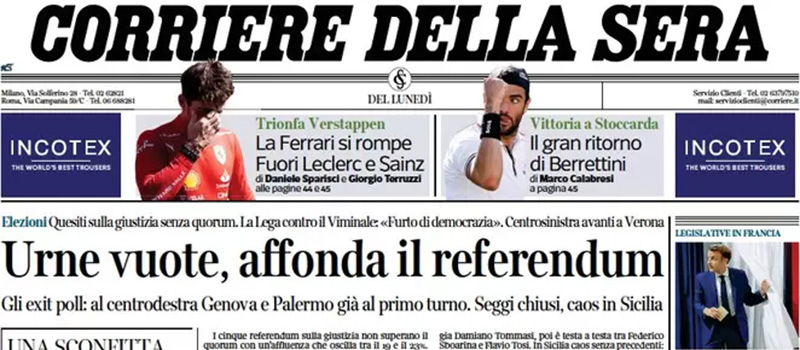 Le prime pagine di lunedì 13 giugno 2022