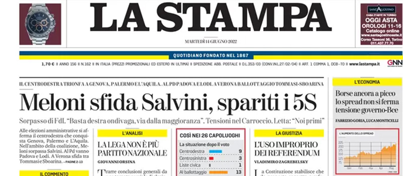 Le prime pagine di martedì 14 giugno 2022