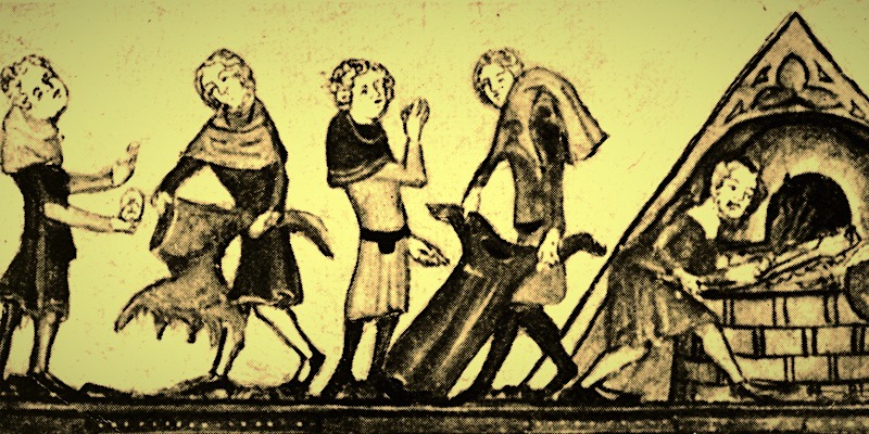 Un'illustrazione del 1340 circa mostra la pratica di bruciare i vestiti di persone infettate dalla peste nera in Europa (Hulton Archive/Getty Images)