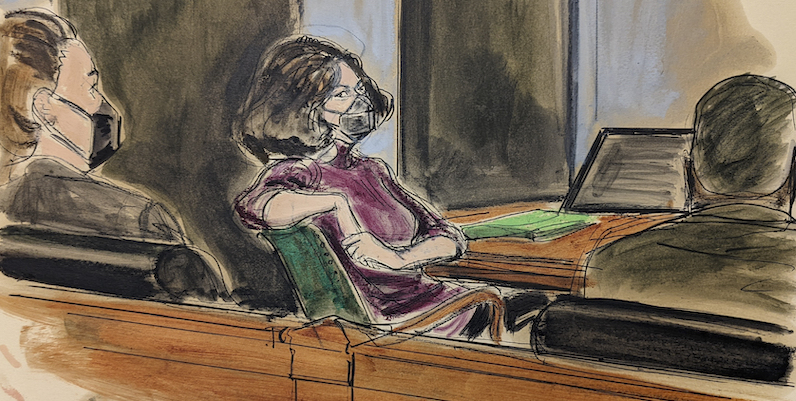 Uno schizzo disegnato durante il processo a Ghislaine Maxwell a New York, 20 dicembre 2021 (AP Photo/ Elizabeth Williams)