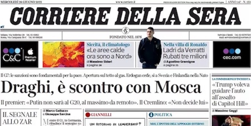 Le prime pagine di mercoledì 29 giugno 2022