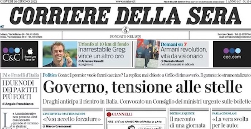 Le prime pagine di giovedì 30 giugno 2022