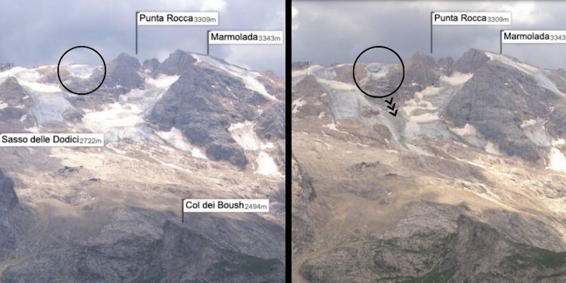 Il ghiacciaio della Marmolada prima e dopo il crollo del 3 luglio 2022, nella ricostruzione dell'Istituto di Scienze Polari del CNR: a destra una fotografia delle 13.30, a sinistra delle 14.20 (Dati Regione Autonoma di Trento, ARPAV, Meteotrentino, Webcam Porta Vescovo Dolomiti)