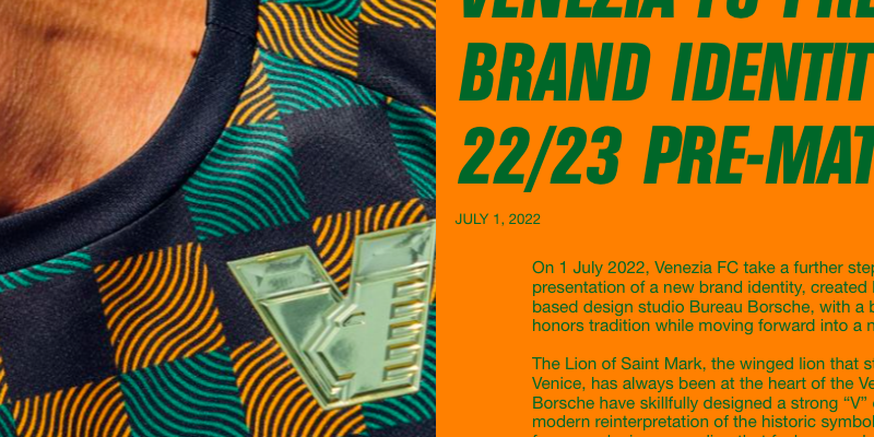 Il nuovo logo, la maglia da allenamento e il sito del Venezia, realizzati da Bureau Borsche (dal sito del Venezia)