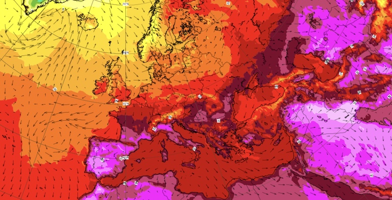 Mappa di calore per venerdì 15 luglio sull'Europa (Met Office UK)