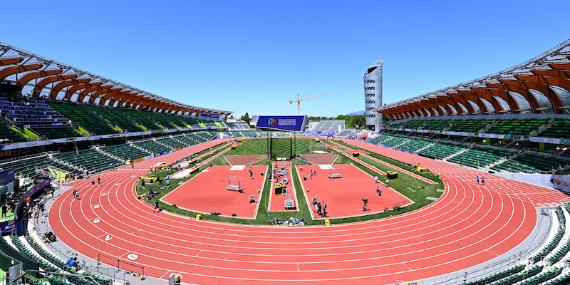 La vista dell'Hayward Field di Eugene, sede dei Mondiali di atletica (Hannah Peters/Getty Images for World Athletics)