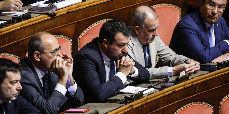 Matteo Salvini al Senato per il discorso del presidente del Consiglio Mario Draghi – Roma, 20 luglio 
(ANSA/FABIO FRUSTACI)