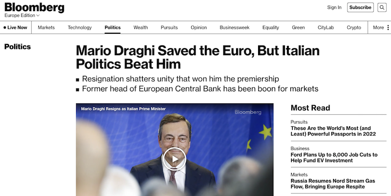 Bloomberg sulle dimissioni di Draghi e la crisi italiana