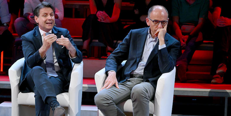 Il presidente del M5S Giuseppe Conte e il segretario del PD Enrico Letta. (ANSA/ETTORE FERRARI)