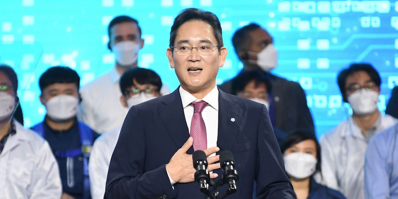 Lee Jae-yong durante una conferenza stampa a Pyeongtaek, in Corea del Sud, lo scorso 20 maggio (Kim Min-Hee, Pool/ Getty Images) 