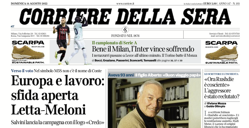 Le prime pagine di domenica 14 agosto 2022