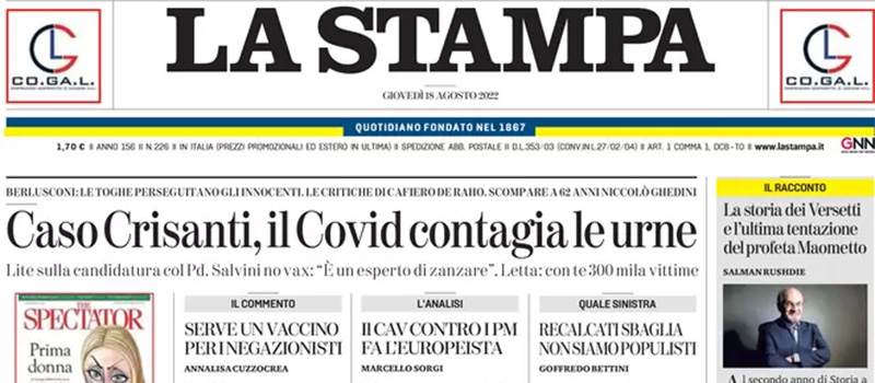 Le prime pagine di giovedì 18 agosto 2022