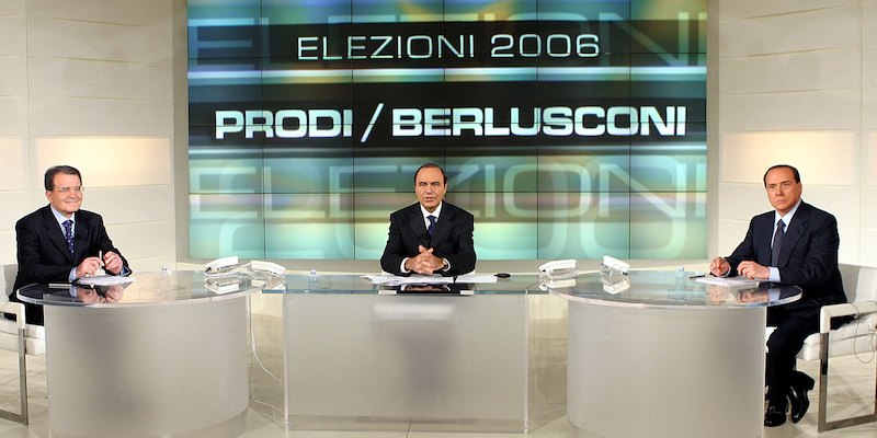 Il confronto del 3 aprile 2006 fra Romano Prodi e Silvio Berlusconi condotto da Bruno Vespa (Photo by Pool RAI Press Office via Getty Images)