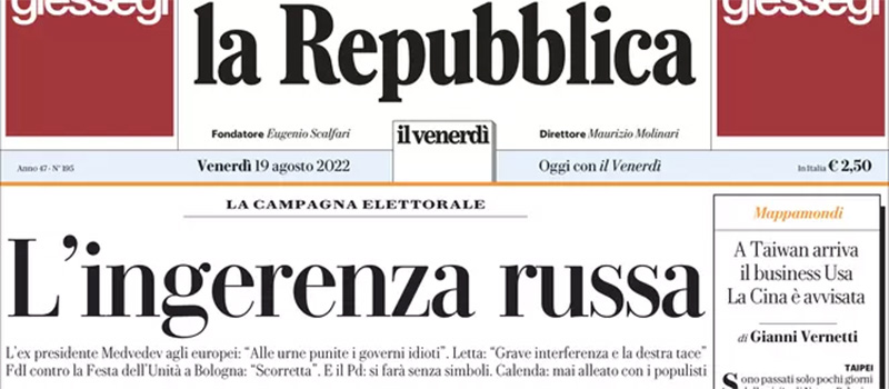 Le prime pagine di venerdì 19 agosto 2022