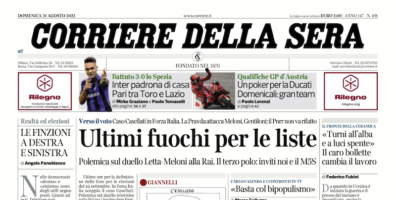 Le prime pagine di domenica 21 agosto 2022
