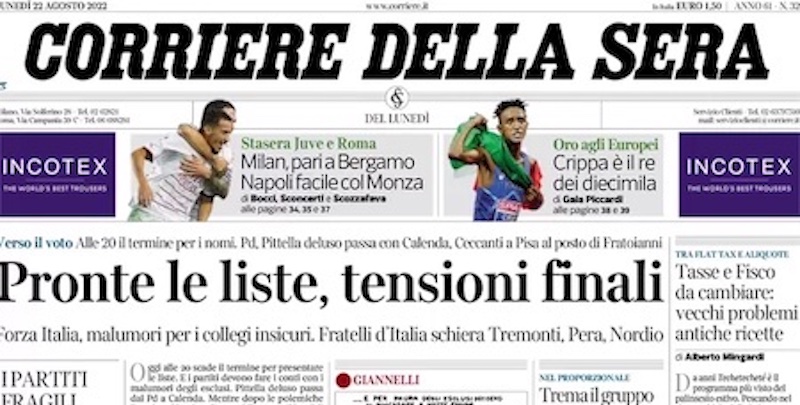 Le prime pagine di lunedì 22 agosto 2022