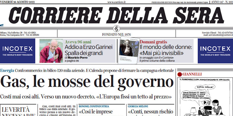 Le prime pagine di venerdì 26 agosto 2022
