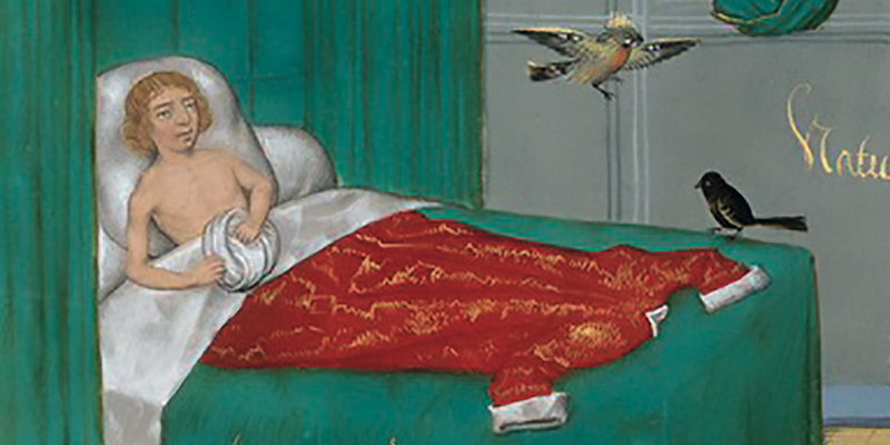 Un uomo a letto nel particolare di una miniatura contenuta nel "Livre des eschés amoureux, ou des eschés d'amours" di Évrart de Conty (Paris, BNF, ms. Français 9197, f. 13, 1444-97)