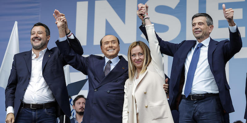 Matteo Salvini, Silvio Berlusconi, Giorgia Meloni e Maurizio Lupi. (ANSA/GIUSEPPE LAMI)