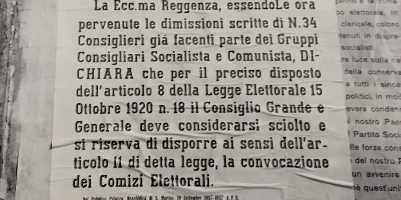 Il proclama del governo in carica che nel 1957 indice le nuove elezioni a San Marino
