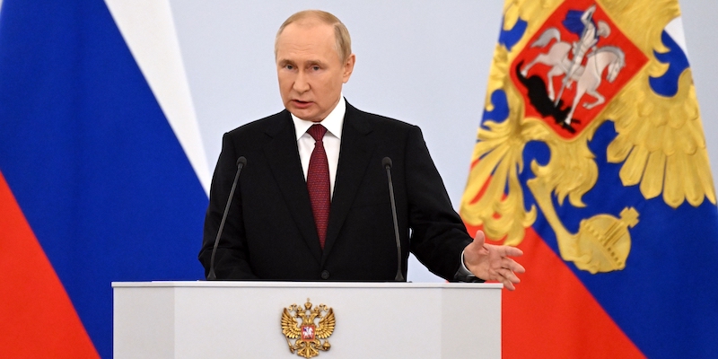 Il presidente russo Vladimir Putin durante il discorso di venerdì (Gavriil Grigorov, Sputnik, Kremlin Pool Photo via AP)