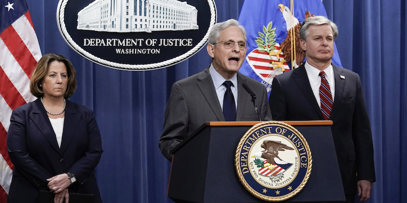 Il procuratore generale degli Stati Uniti Merrick Garland durante la conferenza stampa di lunedì 24 ottobre a Washington (AP Photo/ J. Scott Applewhite)