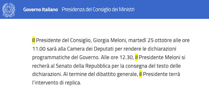 Comunicato della presidenza del Consiglio dei ministri pubblicato sul sito del governo italiano il 25 ottobre 2022