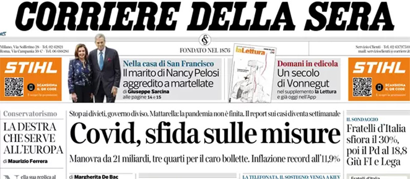 Le prime pagine di sabato 29 ottobre 2022