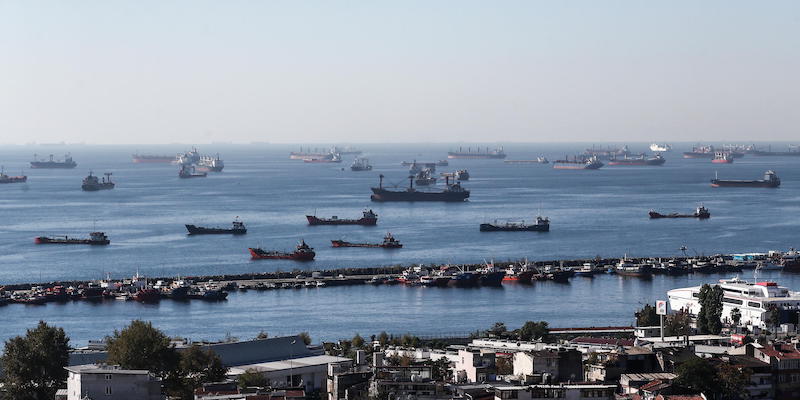 Alcune delle navi che trasportano i cereali in attesa di poter entrare nello stretto del Bosforo, in Turchia, dove solitamente avvengono i controlli dei carichi trasportati, il 22 ottobre (EPA/ERDEM SAHIN)