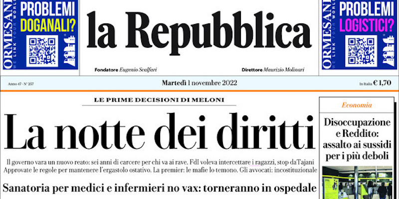 Le prime pagine di martedì 1 novembre 2022