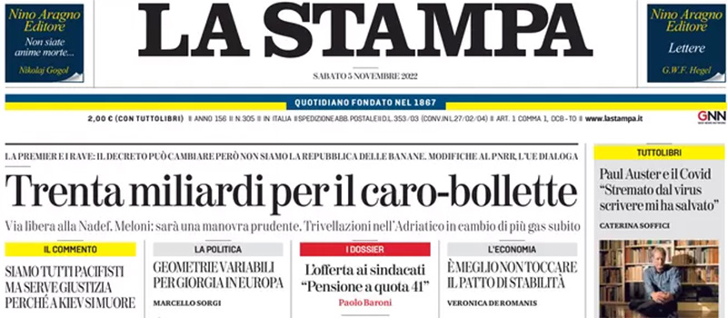 Le prime pagine di sabato 5 novembre 2022
