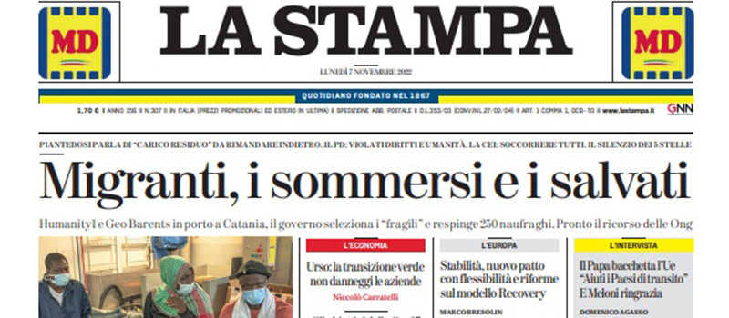Le prime pagine di lunedì 7 novembre 2022
