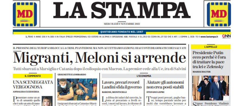 Le prime pagine di mercoledì 9 novembre 2022