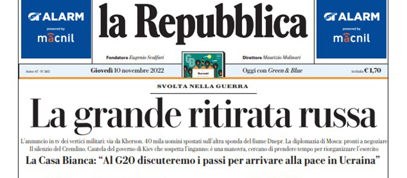 Le prime pagine di giovedì 10 novembre 2022